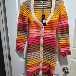 Pink, khaki, tan, yellow and orange striped sweater bodycon dress - S